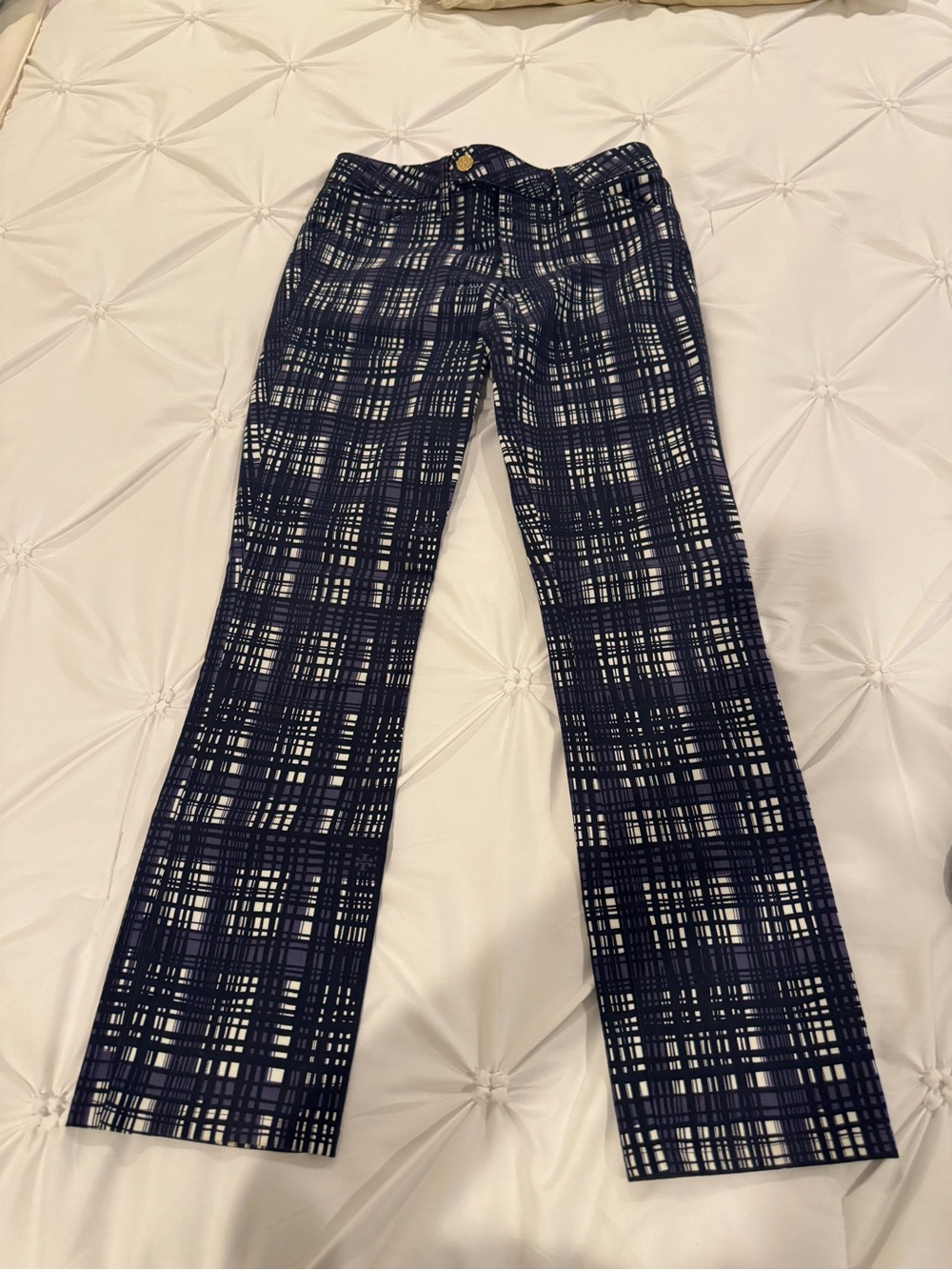 Tory Burch Conner Tab Front Skinny Pants Size 25 Navy Plaid - Picture 3 of 12